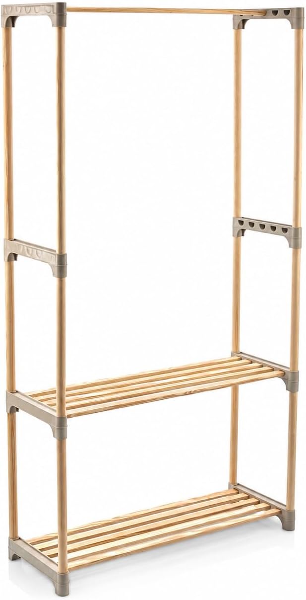 Honey-Can-Do Wood Garment Rack with 2 Shelves, Freestanding, Natural | Natural wood clothing rack with rod + 2 slatted shelves. Tool-free setup for bedroom, entryway & laundry. Holds up to 55 lb.