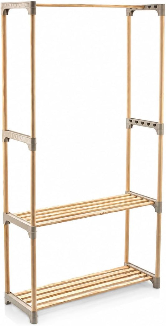 Honey-Can-Do Wood Garment Rack with 2 Shelves, Freestanding, Natural | Natural wood clothing rack with rod + 2 slatted shelves. Tool-free setup for bedroom, entryway & laundry. Holds up to 55 lb.