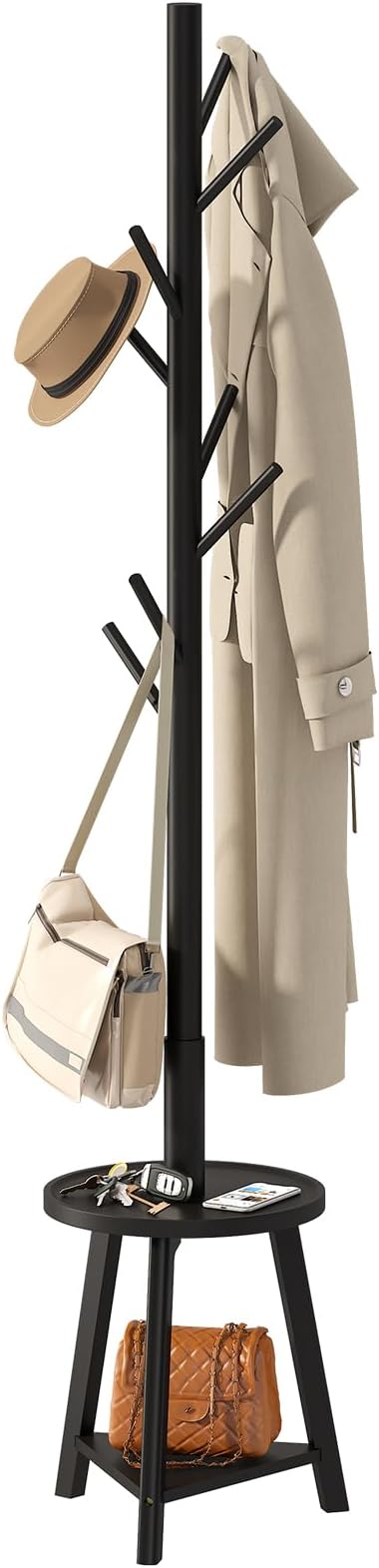 BMOSU Coat Rack freestanding Stand with Shelf Bamboo Wooden Coat Tree Easy Assembly 8 Hooks Standing Jackets Hanger Hallway Office Floor Coat Stand Black