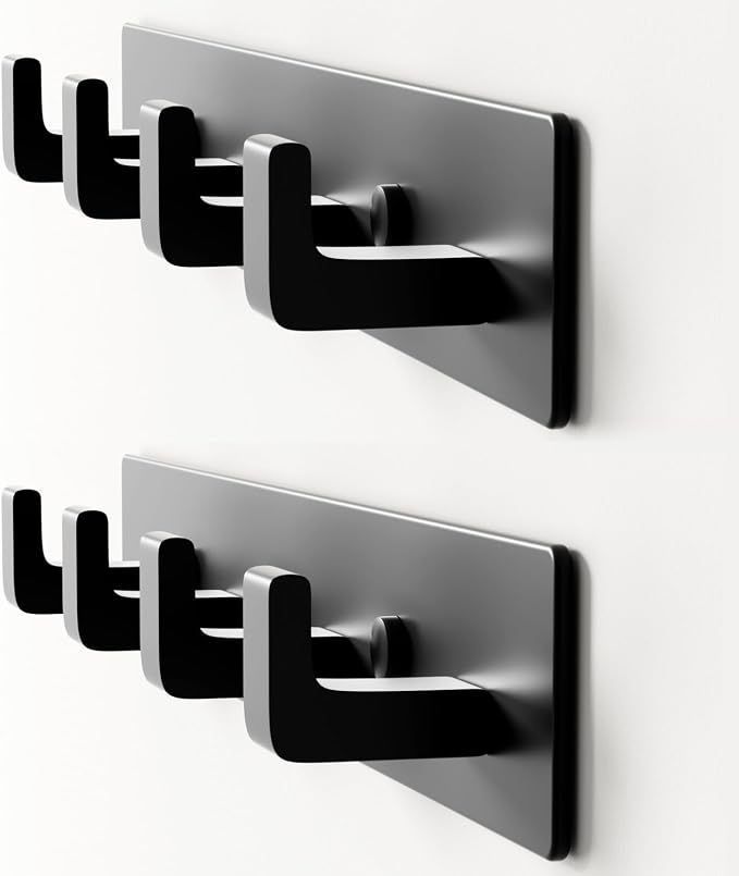 Black Coat Rack Wall Mount - 12.5" Rail with 4 Right-Angle Hooks(2 Pack) | Drill-Mounted Organizer for Coats, Hats, Bags in Entryway, Bathroom, Bedroom