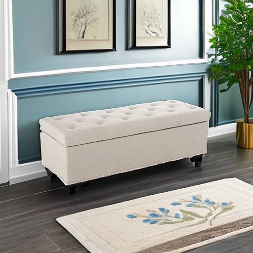 BELLEZE Storage Ottoman, Tufted Ottoman with Close Hinge, Foot Rest for Living Room (Beige, 47 inch)
