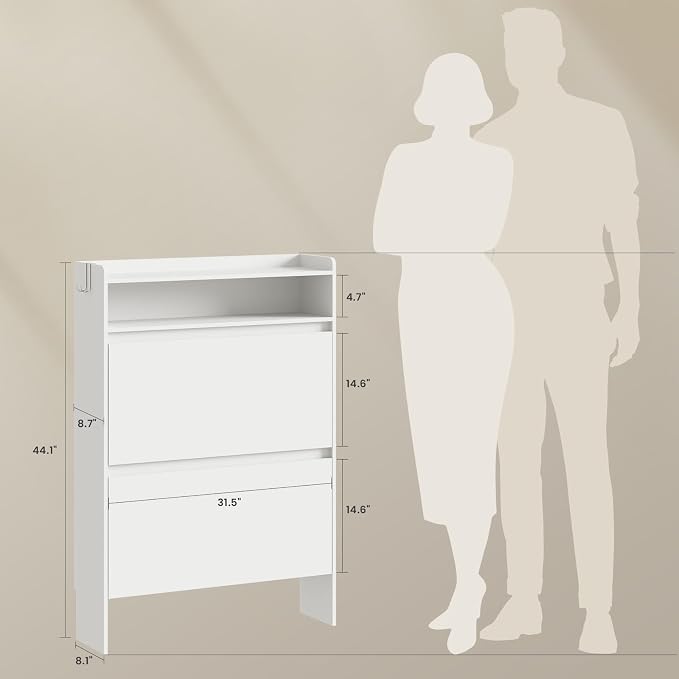 Modern Shoe Cabinet with 2 Flip Drawers & Open Storage, 31.5" W White | Freestanding shoe cabinet with flip drawers ,white design and space-saving storage for entryway,foyer & hallway.