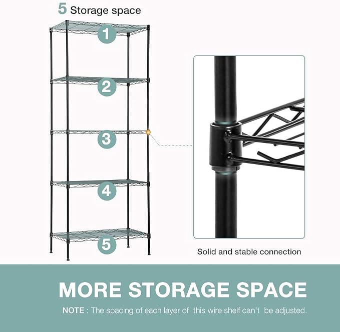 FDW | 5-Tier Wire Shelf | 24" x 14" x 60" | Black | Storage Shelves with Adjustable Racks, Holds upto 750 lbs | Rust-Resistant, No-Tool Assembly | For Home, Garage