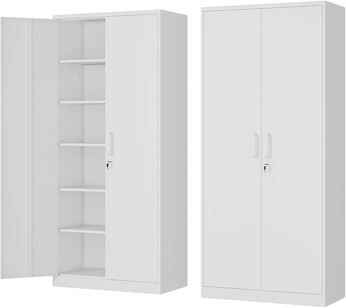 Fesbos Metal Storage Cabinet-72” Tall Steel File Cabinets with Lockable Doors and 5 Adjustable Shelves-White Steel Storage Cabinet for Home, School, Office, Garage