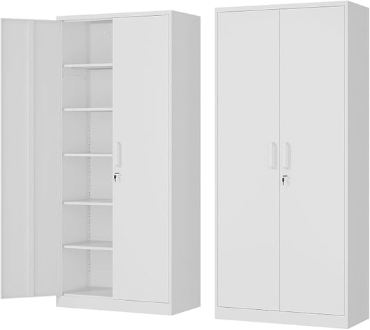 Fesbos Metal Storage Cabinet-72” Tall Steel File Cabinets with Lockable Doors and 5 Adjustable Shelves-White Steel Storage Cabinet for Home, School, Office, Garage