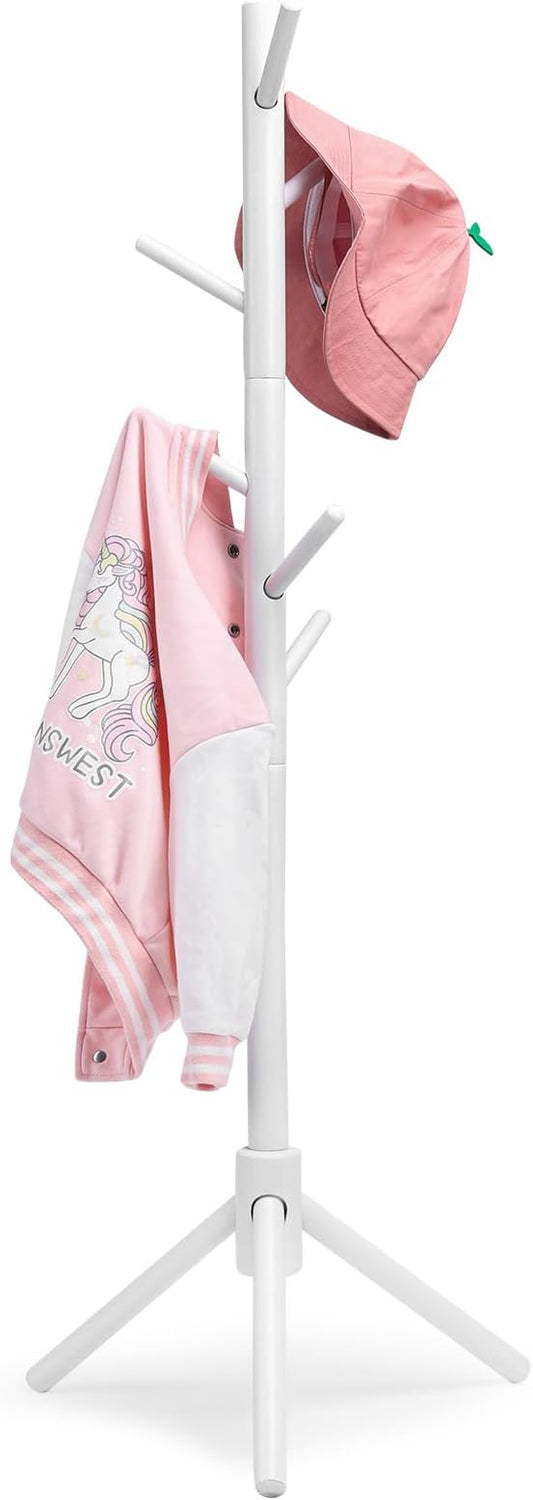 Cozivolife Kid's Coat Rack Stand: Height Adjustable with 9 Hooks (White) | Beech Wood Coats Tree for Cloth Hats and Handbags - Freestanding Child Clothes Racks for Hallway Entryway Bedroom