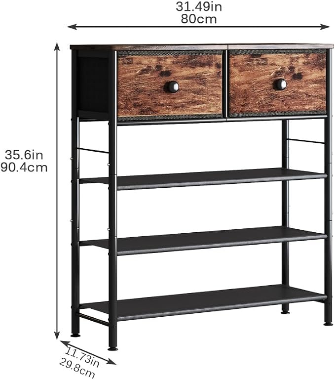 INGIORDAR 5 Tier Shoe Rack Storage Organizer with 2 Drawers MDF Board | Metal space-saving Shoe Shelf stores 16 Pairs of Shoes for Closet Entryway Bedroom Living Room Garage Black+Rustic Brown