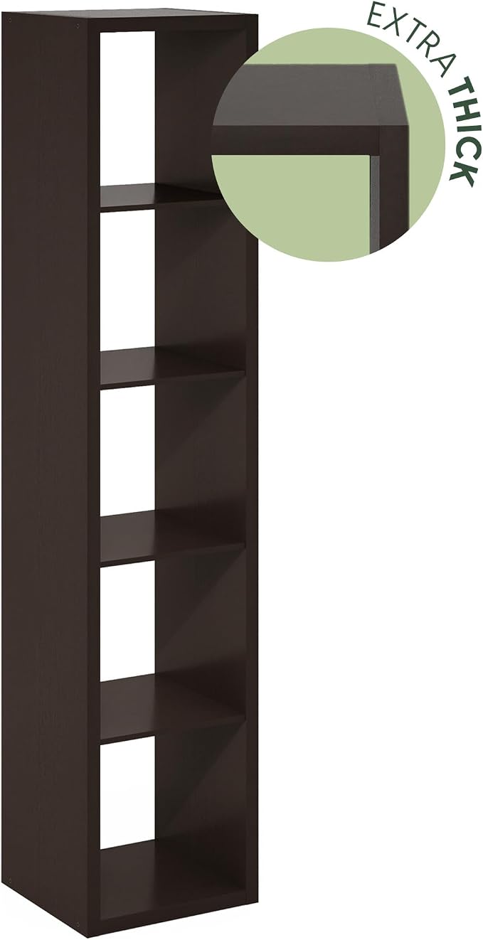 Furinno Cubicle 5-Cube Book Shelf, Extra Thick Frame Bookshelf, Dark Oak | Horizontally & Vertically Reversible Bookcase with Open Back, 14.6" x 16" x 72", for Living Room, Bedroom, Home Office