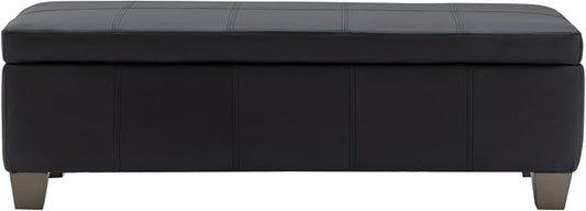 51 Inch Storage Ottoman, Storage Bench with Safety Hinge, Upholstered Synthetic Leather Ottoman Bench for Bedroom, Living Room, Entryway, Hallway, Foot Rest, Support 500lbs, Black