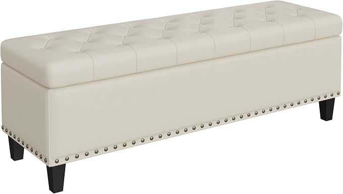 FiveWillowise 51 Inch Storage Ottoman Bench,Large End of Bed Storage Bench | Faux Leather Ottoman with Storage,30 Gallons,Upholstered,with Nailhead Trim,Legs,for Bedroom,Living Room,Entryway,Cream White