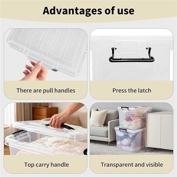 4 Pack 90 QT Plastic Storage Bins with Lids | Clear Stackable Bins with Secure Latches and Handles Heavy-Duty Storage Containers For Home Office and Garage Organization