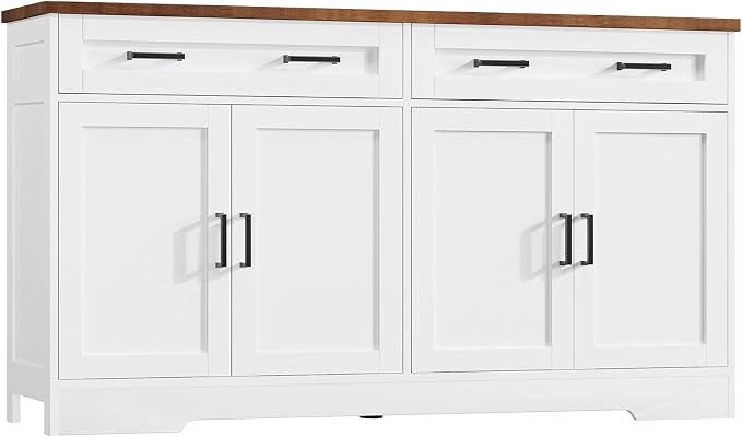 usikey 55" Buffet Cabinet with Storage and Drawers, Large Sideboard Buffet Cabinet with Adjustable Shelves and Doors, Modern Coffee Bar for Kitchen, Living Room, White