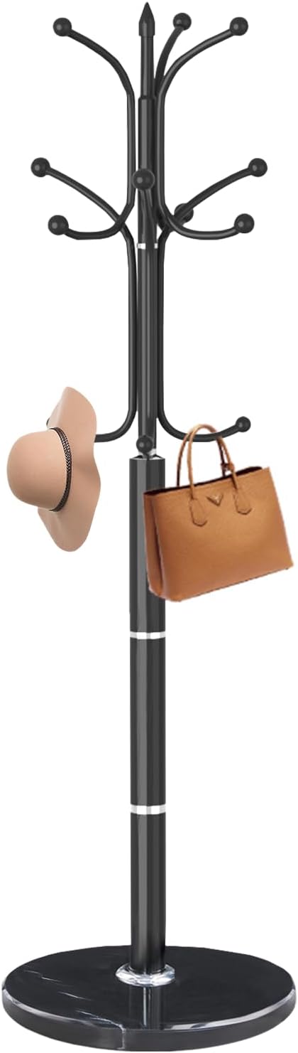 Coat Rack Stand,Black Metal Coat Rack Freestanding with 12 Hooks | Modern Coat Rack with Natural Marble Base,Heavy Duty Coat Hanger Stand, Coat Hall Clothes Tree Stand for Office,Bebroom