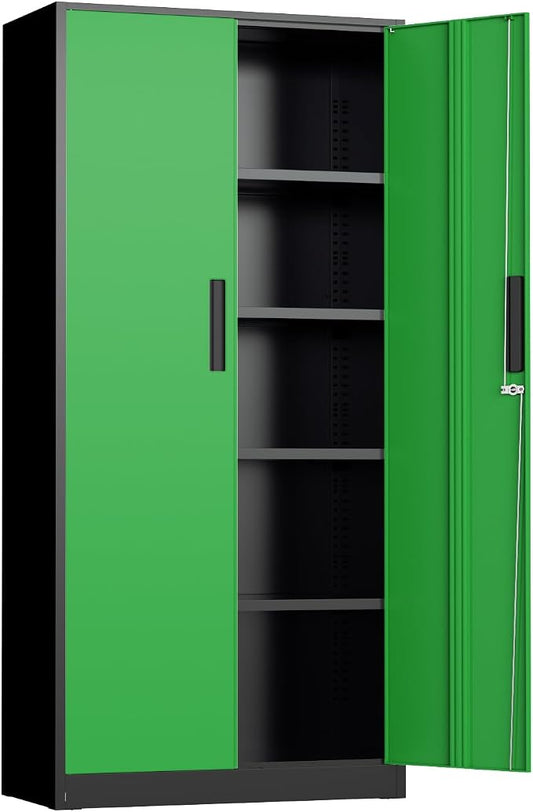 INTERGREAT Metal Storage Cabinet, 72" Locking Steel Cabinets with 2 Door and 4 Adjustable Shelves, Tall Metal Cabinet for Home Office, Garage, Warehouse,(Black+Green)