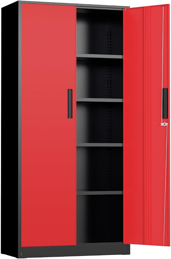 INTERGREAT Metal Storage Cabinet, 72" Locking Steel Cabinets with 2 Door and 4 Adjustable Shelves, Tall Metal Cabinet for Home Office, Garage, Warehouse, Black Red
