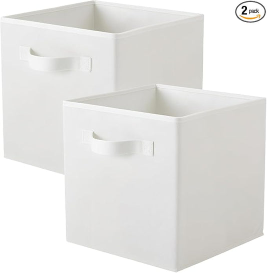 PowerKing Collapsible Storage Cubes, Farbic Storage Bins, White, 2 Pack | Sturdy, Lightweight, Easy Pull Handle, Closet & Shelf Organizer, Clothes and Toys Storage, 10.5'' x 11'' x 10.5''