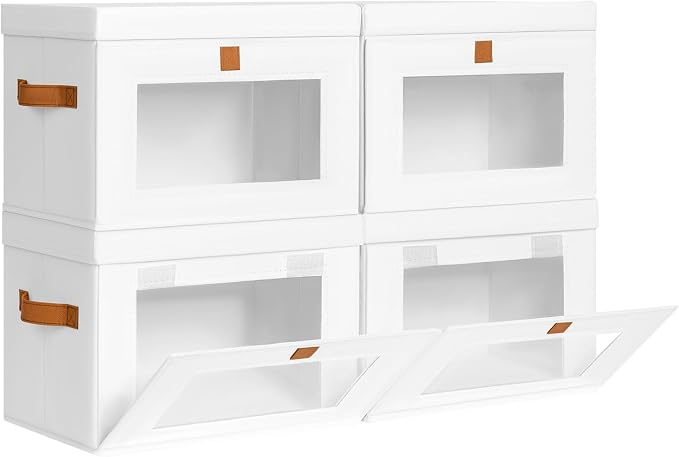 DIMJ Storage Bins with Lids - 4 Pack Front Opening Stackable Fabric Storage Boxes with Clear Window & Handles, Collapsible Closet Organizers for Clothes, Sweaters, Shelf Storage, Bedroom, White