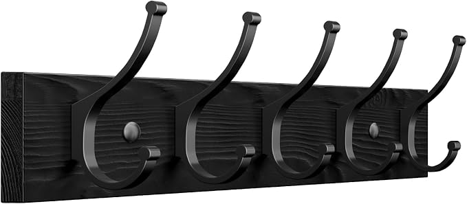 Optish 1 Pack Wooden Coat Rack Wall Mount, 16.1" Rustic Coat Hanger Hooks Wall Mount, Wall Coat Rack for Hat, Clothes, Bags, Jacket - Black