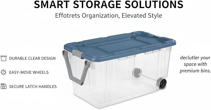 160 Quart Extra Large Clear Rolling Storage Bins 2-Pack, Blue Heavy-Duty Plastic with Locking Leakproof Lid, for Garage Basement Seasonal Storage & Transport