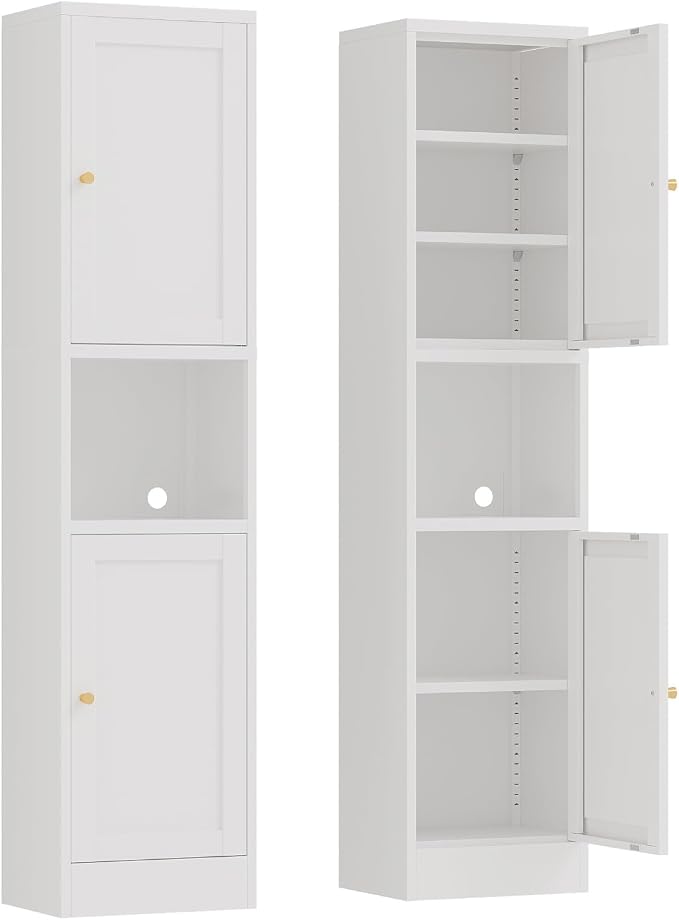 67" Tall Narrow Storage Cabinet with Doors and Open Shelf,Metal Pantry Cabinet,Shaker Style Slim Cabinet with Adjustable Shelves,for Bathroom Kitchen Laundry Small Spaces,White,1Pc