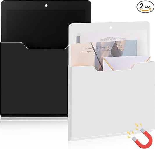 Feifeiya 2 Pcs Magnetic File Folder Wall Hanging Holder Large Pocket Paper Magazine Mail Organizer for Refrigerator Classroom Locker Whiteboard(Vertical,Black White,12.2 x 9.4 Inches)