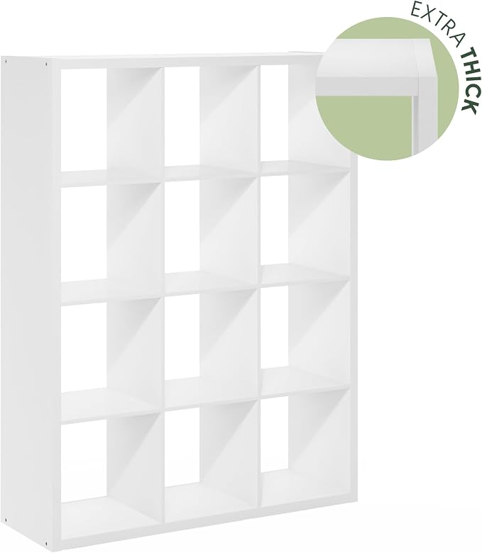 Furinno Cubicle Book Shelf, 12-Cube Bookshelf, Extra Thick Frame Reversible Bookcase with Open Back, 14.6" x 44" x 58", for Living Room, Bedroom, Home Office, White