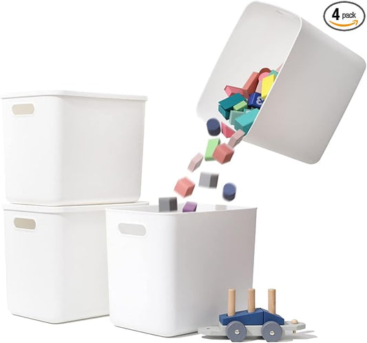 Yishyfier Plastic Storage Baskets Bins Boxes With Lids,Organizing Container White Storage Organizer Bins For Shelves Drawers Desktop Playroom Classroom Office,4-Pack