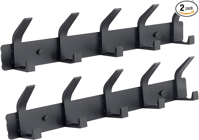 Coat Rack Wall Mounted,5 Coat Hooks for Hanging Coats,Heavy Duty Metal Double Hook Rack Hook Rail,Coat Rack with Hooks,Wall Mount Coat Hanger for Hat Towel Purse Robes ,Black,2Pack (Black2, 5 Hooks)