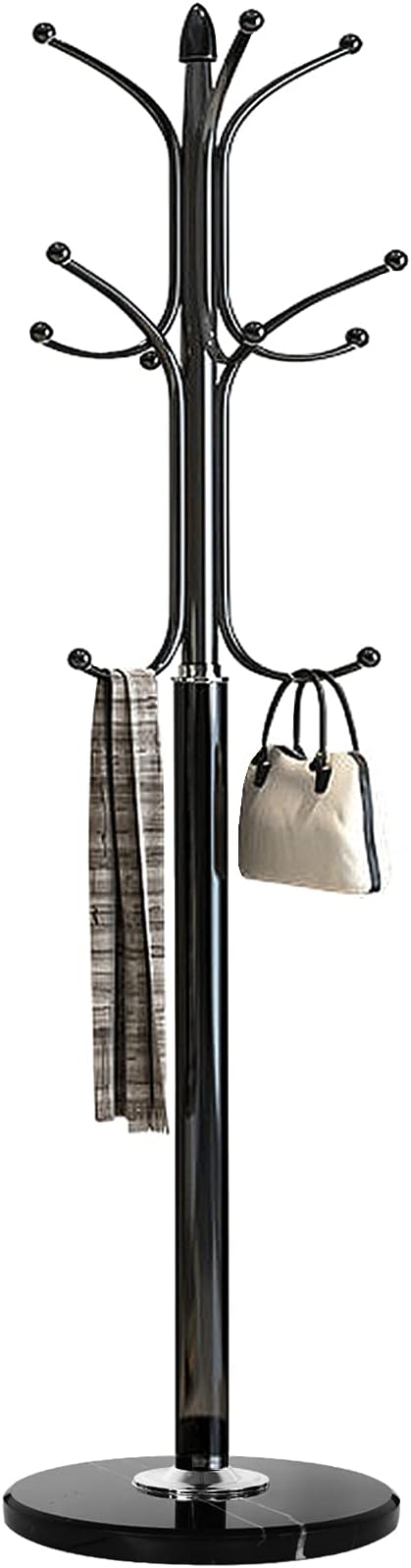 Kertnic Freestanding Coat Rack Stand, Heavy Duty Metal Hall Tree with 12 Hooks, 70 Inch Tall Stable Coat Hanger with 14.6" Natural Marble Base, Entryway Organizer for Coats Bags Hats Purses (Black)