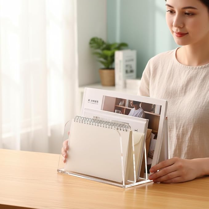 YUXUN Desk File Organizer Upright Clear Acrylic Desktop Organizer File Sorter Office Organization File Holder 4-Section Bookshelf for Home, Office & Classroom