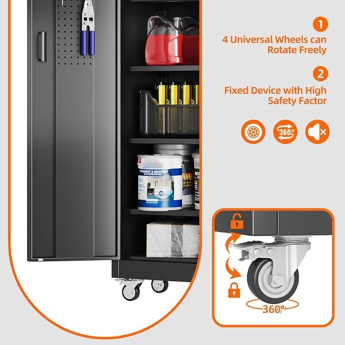 Aobabo Metal Storage Cabinet with Wheels and Door Pegboard | Garage and business storage for tools and office supplies; 5 adjustable shelves, lockable black cabinet, 16"D x 32"W x 71"H