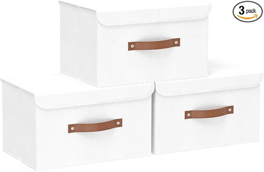 Yawinhe Storage Boxes, Set of 3 Fabric Crates, 13 x 23 x 20 cm, White | Fabric storage for the home; washable crate with handle; folding pang baskets; non-woven baskets for cupboards