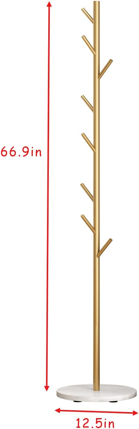 Gold Coat Racks with 8 Hooks, Branches Coat Tree Entryway, Freestanding | Modern Hat Rack, Easy to Assemble, Heavy Stable Marble Base