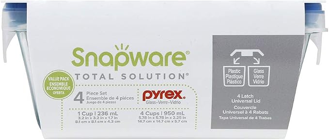 Snapware Total Solutions (2-Pack, 1 & 4 Cup) Glass Food Storage Containers Set, Airtight & Leakproof Locking BPA-Free Lids, Freezer Dishwasher Microwave Safe