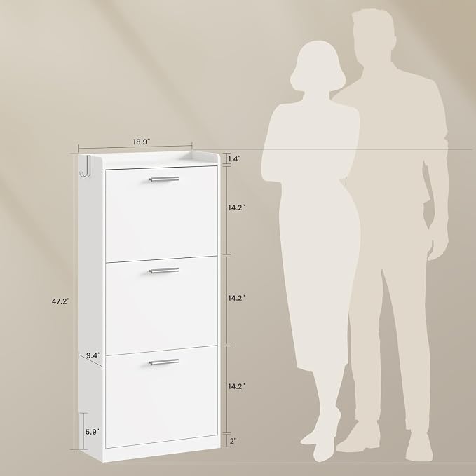 Shoe Cabinet Organizer with 2 Flip Drawers,Narrow Shoe Rack 18.9" W White | Freestanding shoe storage cabinet for entryway,foyer and hallway,slim design and space-saving flip drawers