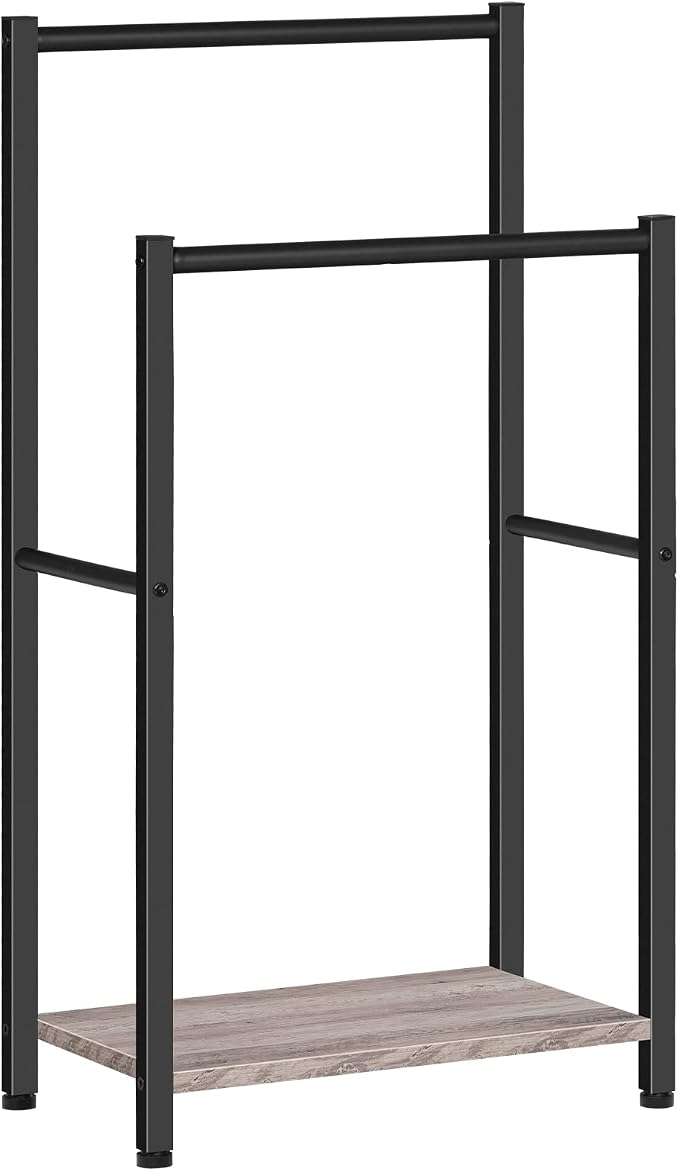 HOOBRO Freestanding Towel Rack, 2 Tier Blanket Ladder Holder for Bathroom, 16.5" L x 9.4" W x 31.5" H, Blanket Rack, Industrial Drying and Display Rack with Shelf, Metal, Greige and Black BG02LB01
