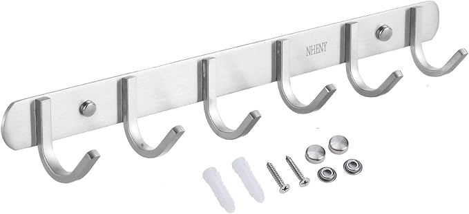 Coat Hook Wall Mount - Towel Rack with 6 Hooks Hanger for Hanging Clothes, Bags, Keys, and Towels Bathroom, Entryway, Door, 304 Stainless Steel Brushed Nickel