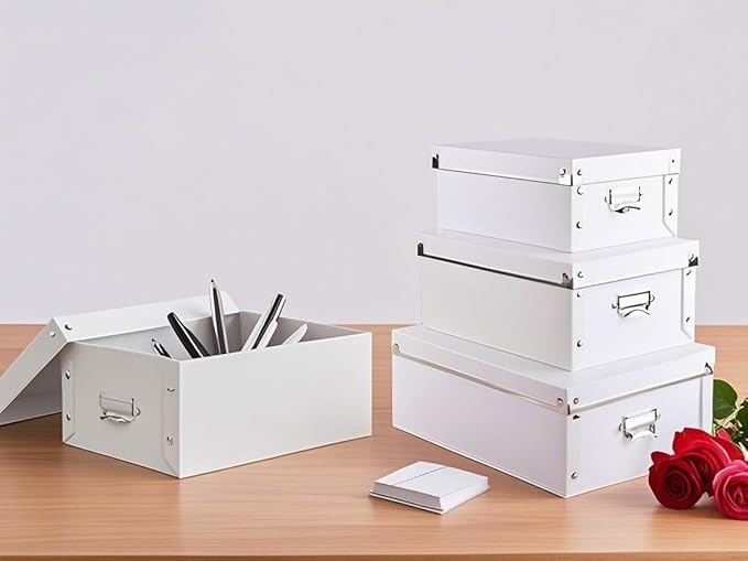 XUCHUN Decorative Storage Box with Lids,Set of 3 Waterproof Foldable Plastic Box Multiple Sizes for Socks/Office（White）