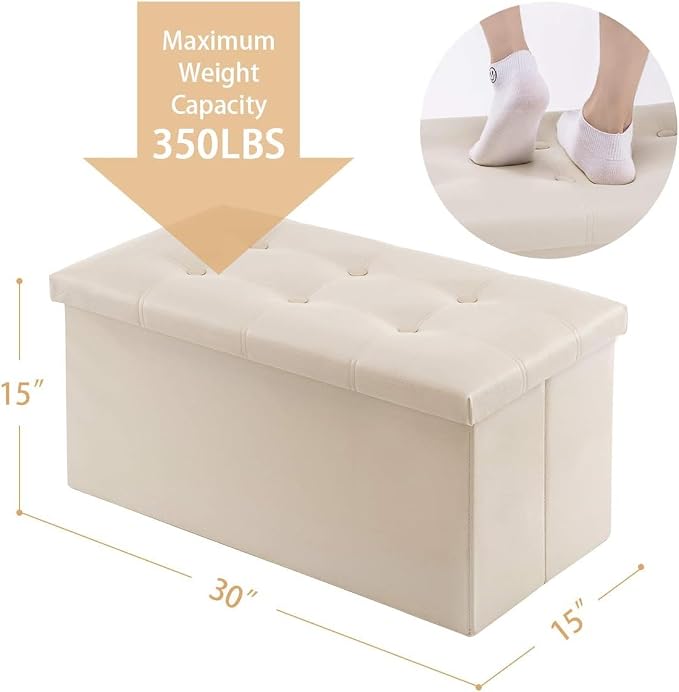 YOUDENOVA 30" Ottoman with Storage, Folding Faux Leather Bench, Beige | Foldable ottoman with hidden storage, padded faux leather seat for living room, bedroom and entryway.
