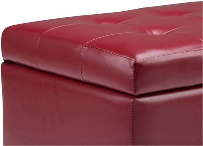 SIMPLIHOME Dover 36" Wide Vegan Leather Storage Ottoman in Denim Blue | Transitional storage ottoman with tufting and lift-up lid; rectangle storage bench for living room or entryway.