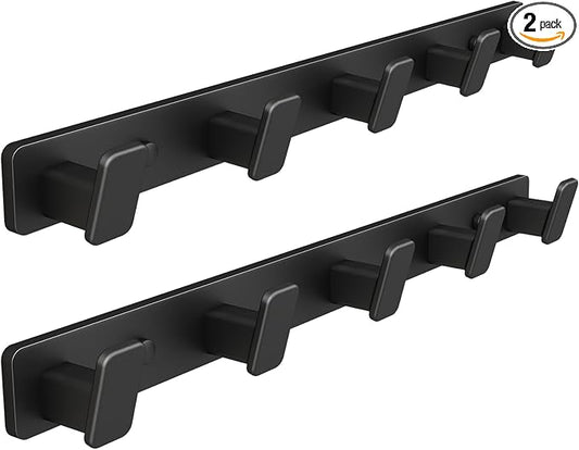 Black Wall Mount Coat Rack, 5 Wall Hooks For Hanging Key Holder Hat Hooks | Heavy Duty Door Hooks Coat Hooks Rack Wall Mounted for Entrance Robes, Bags, Keys, and Towels Bathroom Towel Hanger, 2 Pcs