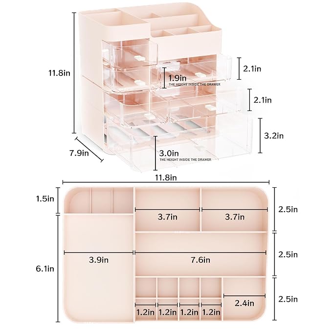 Pink Makeup Countertop Organizer,Large Capacity Make up Organizers for Vanity with 6 Drawer,Plastic Bathroom Skincare Organizers for Eyeshadow,Brush,Palettes,Perfume,Beauty Products,Skin Care Storage