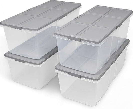 Home Logic 100 Qt Latched Storage Bin with Lid, Stackable Plastic Storage Container, Organizer for Home, Garage & Closet, 4 Pack, Gray