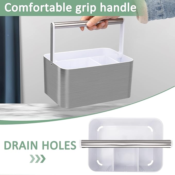 BYUNER Plastic Shower Caddy Dorm - Portable Bathroom Caddy Organizer with Handle and Divider for College Dorm & Shared Bathroom, Hard Shower Tote for Toiletry, Brushed Nickel White