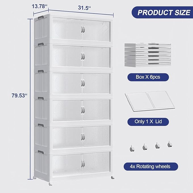 960QT Extra Large Stackable Storage Bins with Lid, 240Gal Plastic Closet Organizers and Storage Drawer, Collapsible Cabinet Box with Wheels Clear Doors for Home Kitchen Office, 6Pack White