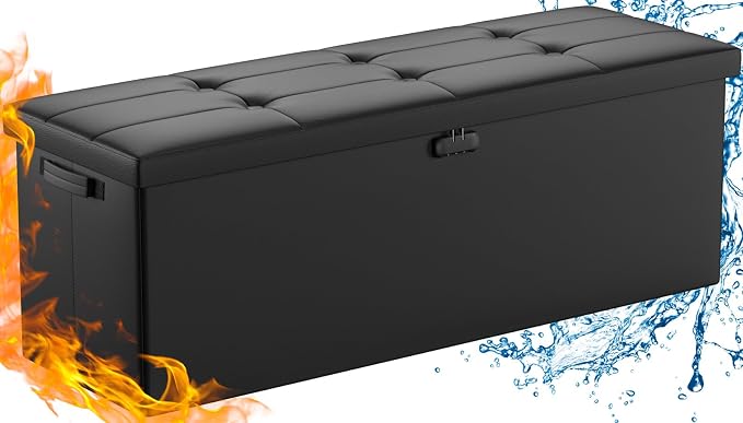 DocSafe Storage Ottoman Bench,Fireproof＆Waterproof Folding Bench with Lock(15”x 43”x15”),Leather Storage Chest with Handles＆2 Extra Boxes,Ottoman Safe for Bedroom,Living Room,Home Office,Black