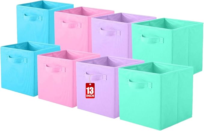 ShellKingdom Storage Bins, Foldable Fabric Storage Cubes, 8 Pack, 4 Colors | Cloth Organizer Drawer For Closet And Toys, 13 X 13 X 13 INCH, (Pink+Lavender+Light Blue+Mint Green)
