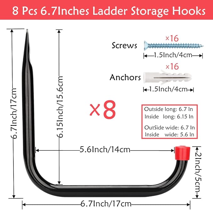 8 Pack Heavy Duty Garage Storage Utility Hooks, 6.7Inch Wall Hangers Ladder Hooks for Garden Tool, Bike, Chair, Hose, Outdoor or Indoor 6.7 x 6.7 x 0.5 inches