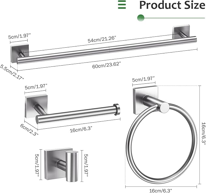5 Pieces Brushed Nickel Towel Bar Set,Towel Racks for Bathroom Stainless Steel Wall-Mounted Bathroom Hardware Accessories Set 23.6 Inch Towel Holder