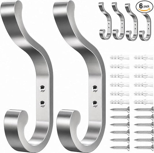 bussdis 6-Pack Heavy Duty Wall Hooks - Hold 30LB for Backpacks, Towels, Coats, Keys, Clothes - Silver Wall Mounted Hooks for Bathroom, Closet, Door, Mudroom